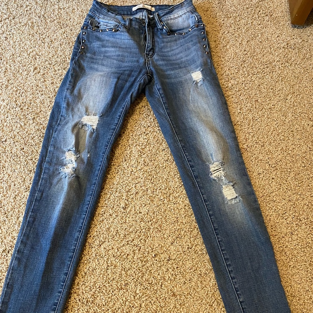 Distressed Skinny Jeans with Stud Accents